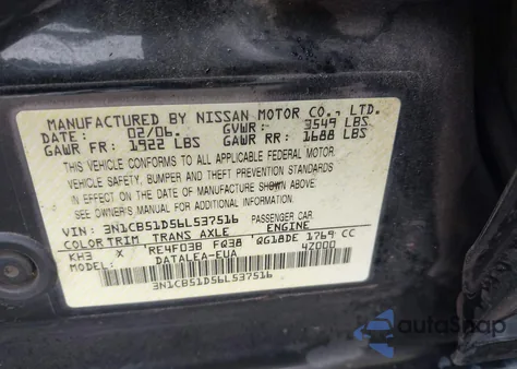 2006 Nissan Sentra 1.8S z USA, uszkodzony, nr VIN 3N1CB51D56L537516